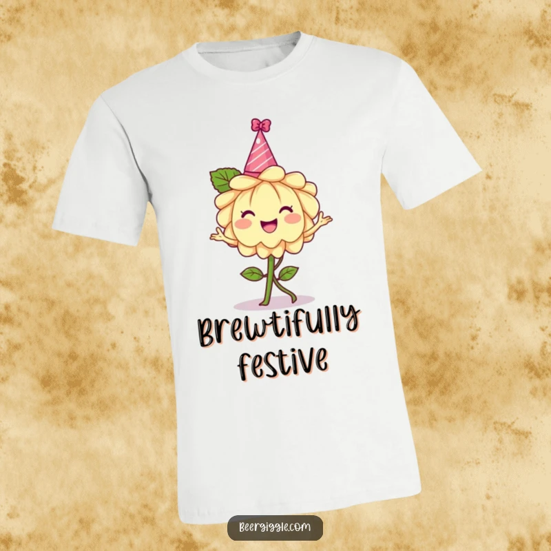 Funny hops flower t-shirt, cheerful, wearing a tiny party hat, dancing, floral graphic, beer apparel, humorous.
