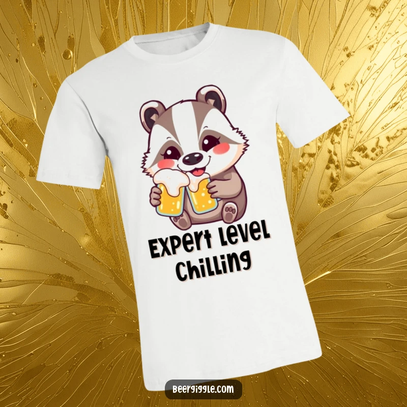 Funny kawaii badger t-shirt, smiling and drinking beer, showcasing a cute and humorous animal design.