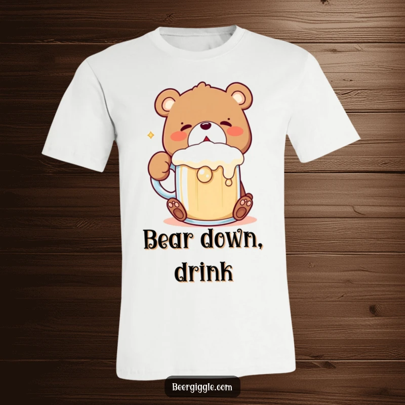 Funny Kawaii Bear T-Shirt: Adorable bear character taking a huge gulp from a frothing mug, emphasizing thirst and fun.