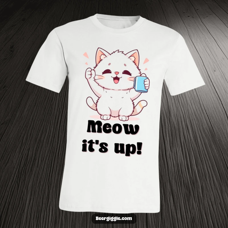 Funny Kawaii Cat T-Shirt: Cute cat character holds a mug aloft, cheering with pure joy and fluffy charm.