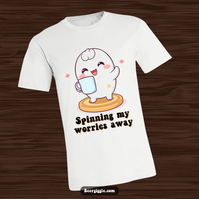 Funny kawaii coaster character in a happy spin wears a T-shirt, depicting a cheerful and energetic vibe perfect for casual wear.