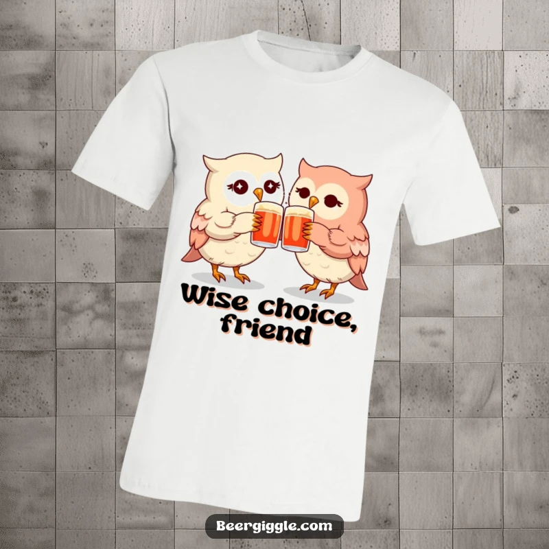 Funny kawaii owl t-shirt set depicting twinkling owls clinking mugs, celebrating friendship with humor.