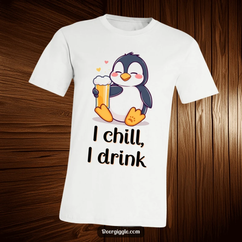 Funny Kawaii Penguin Beer T-Shirt: A happy penguin enjoying a cold beer. Relaxed and humorous apparel for casual wear.