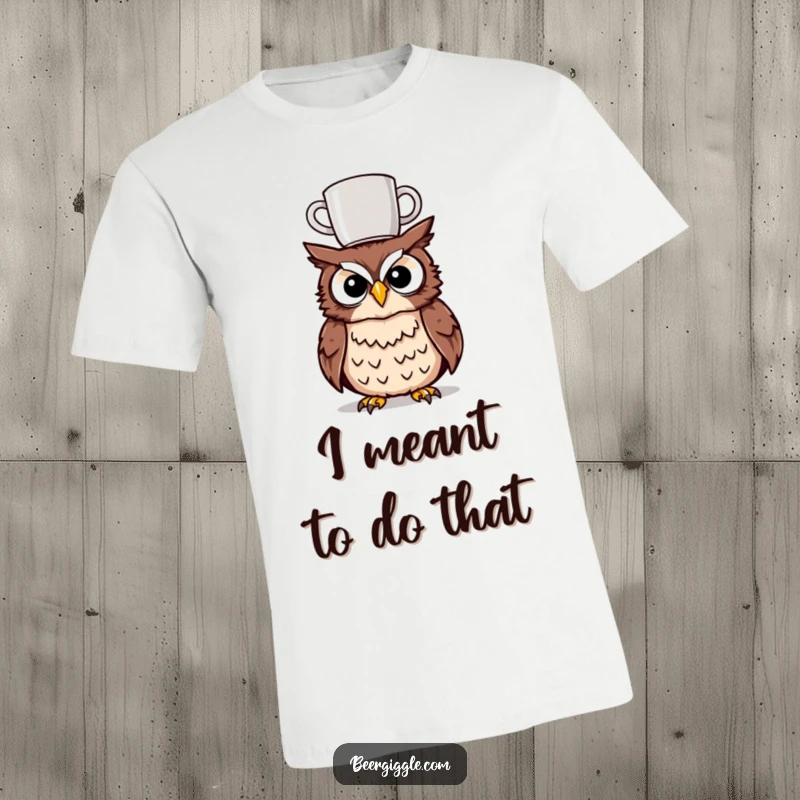 Funny tipsy owl t-shirt design featuring a character humorously balancing a mug on its head, perfect for casual, fun wear.