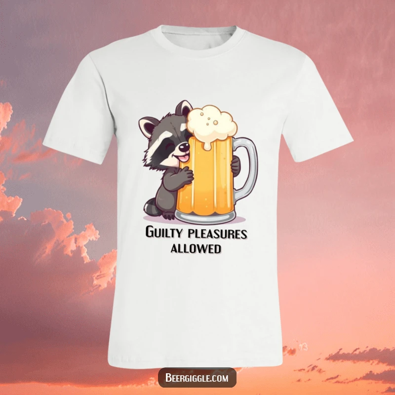 Funny raccoon with a grin, sneaking a sip of beer from a large mug, captured in a humorous, roguish moment on this t-shirt.