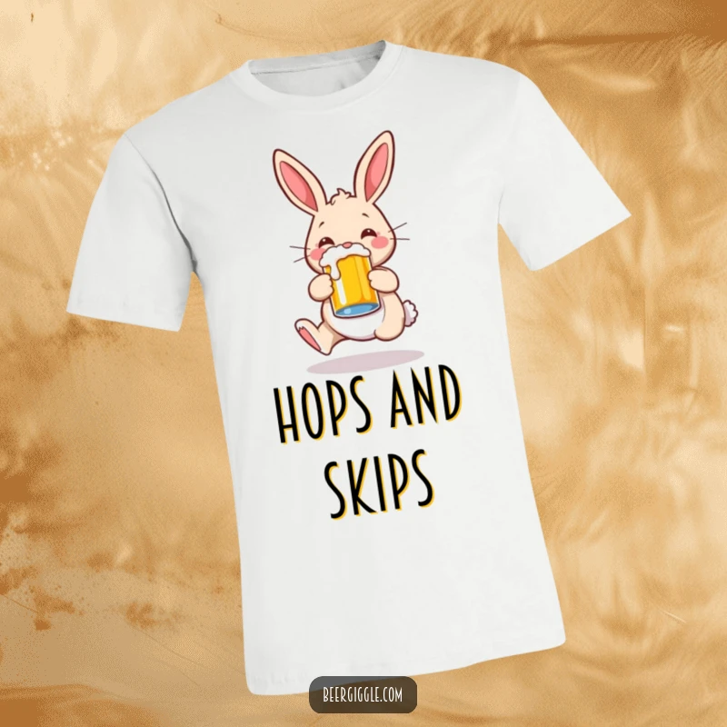 Funny rabbit character joyfully hopping with a beer mug, printed on a comfortable t-shirt, showcasing a humorous personality.