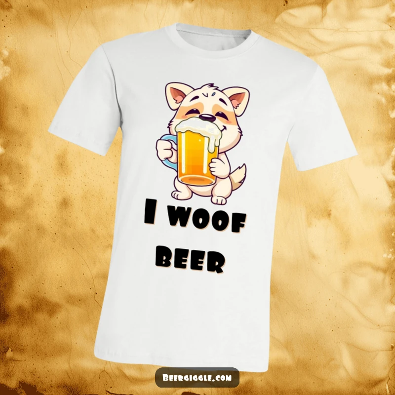 Funny dog t-shirt featuring a happy character gleefully chugging from a beer mug, celebrating canines.
