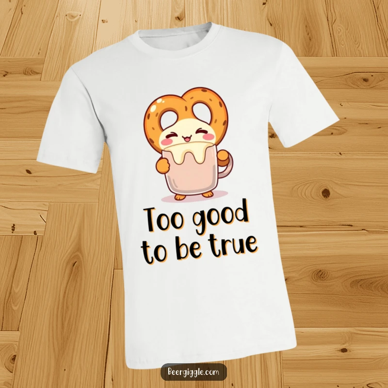 Funny kawaii pretzel character winking while balancing a frothy mug on a t-shirt, perfect for snack lovers. Humorous gift.