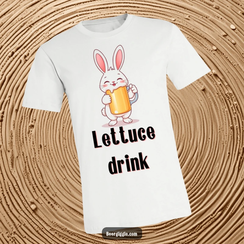 Funny Rabbit T-Shirt: A smiling rabbit character holding a large beer stein, exuding happiness and fun.