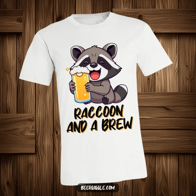 Funny kawaii raccoon with exaggerated delight drinking a beer, printed on a comfy tee.