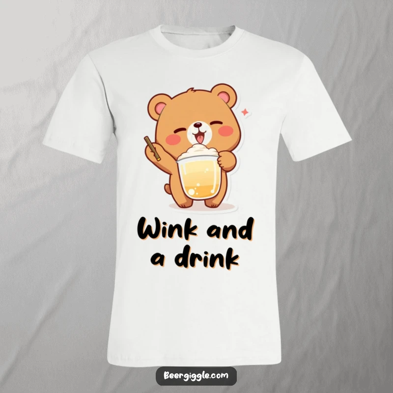 Funny Bear Winking T-Shirt: A delighted bear winks charmingly while balancing a foamy beverage with humor.