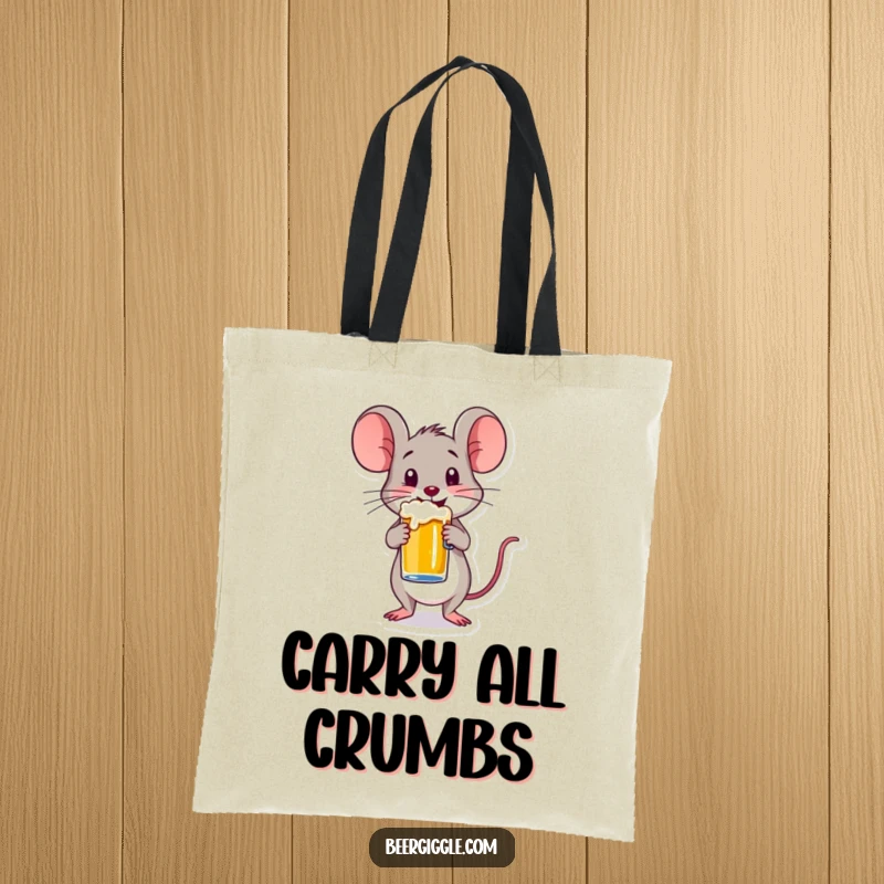 Funny tote bag showcasing a happy mouse character balancing a small beer mug, perfect for everyday use with a touch of charm.