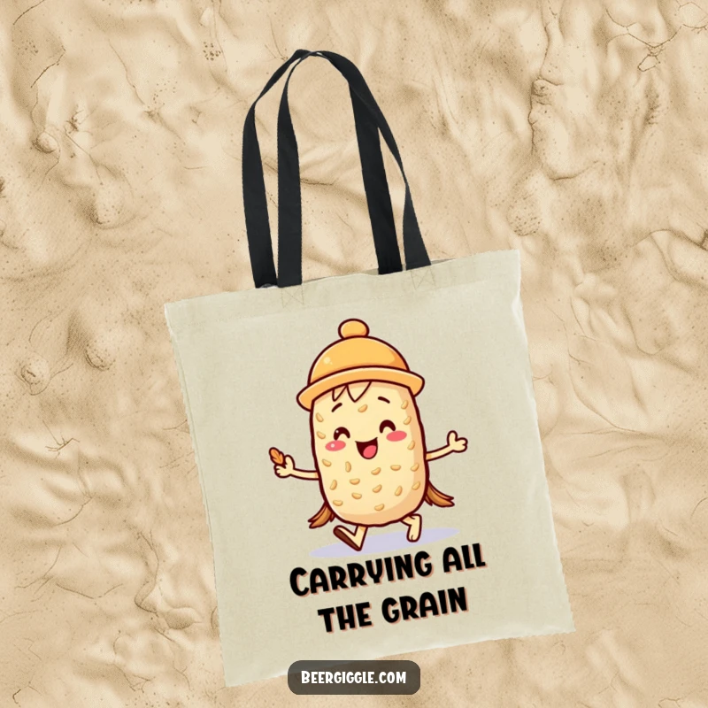 Funny kawaii barley character joyfully marching with a mini foam hat on a tote bag, practical and upbeat. Great gift.