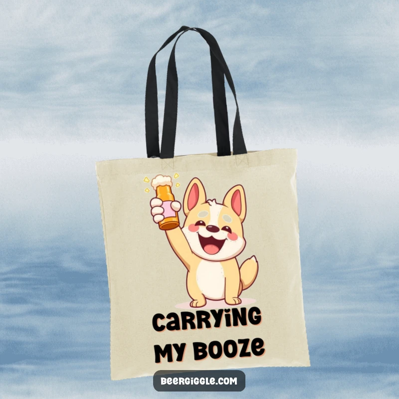 Funny Kawaii Dog Beer Toast Tote Bag: A smiling dog cheers holding a beer bottle. A practical and humorous accessory for daily use.