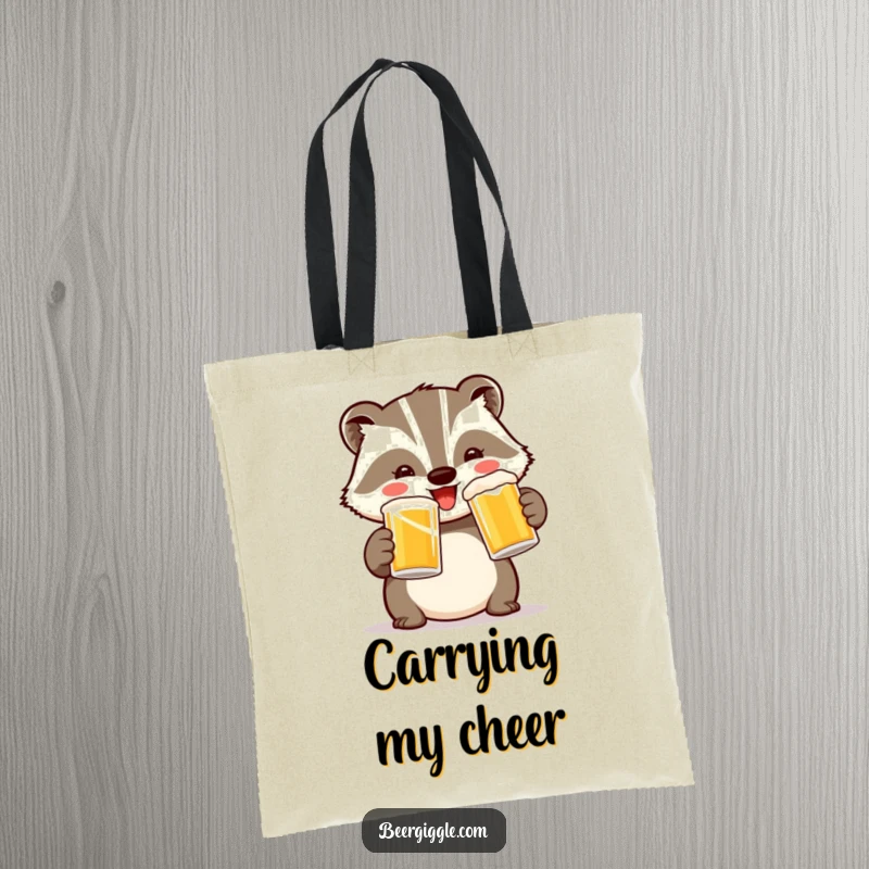 Funny Badger Toast Tote Bag: A cheerful badger holds two mugs, ready for a hilarious celebration toast.