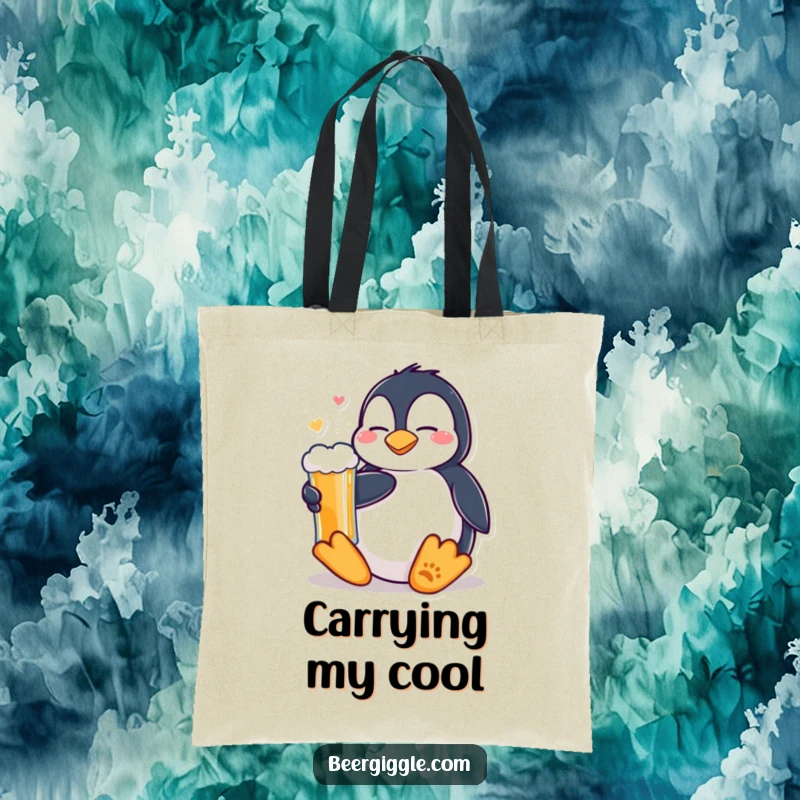 Funny Kawaii Penguin Beer Tote Bag: A content penguin holding a cold beer. Humorous and practical accessory for daily errands.