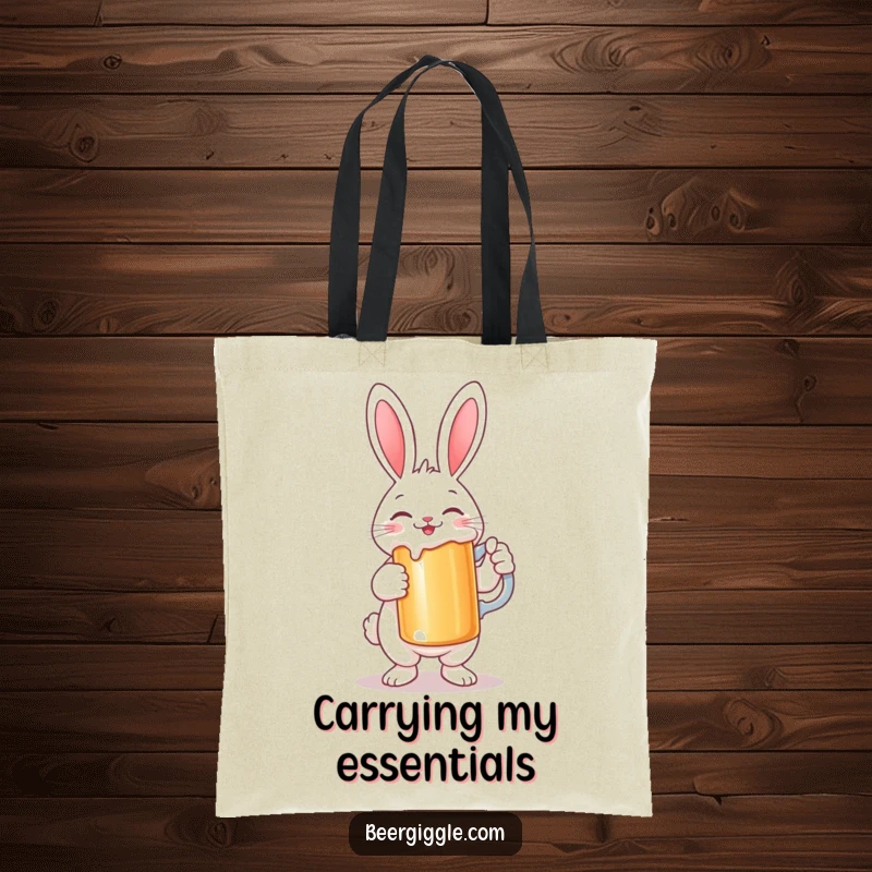 Funny Rabbit Tote Bag: A smiling rabbit character holding a large stein, perfect for shopping and thoughtful gifting.
