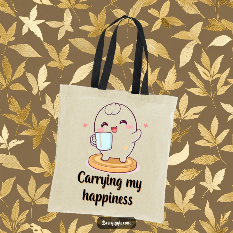 Funny kawaii coaster character spinning happily on a durable tote bag, perfect for carrying essentials with a dose of cute and cheerful style.