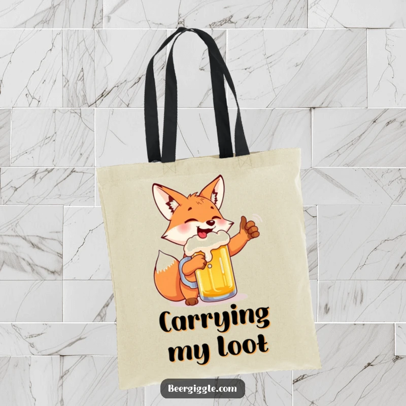 Funny fox beer high-five tote bag, celebrating with a frothing mug, perfect for stylish and amusing errands.