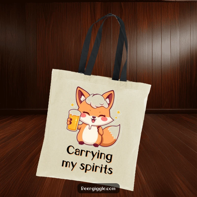 Funny kawaii fox with a beer, winking playfully, featured on a durable tote bag for stylish, humorous carrying.