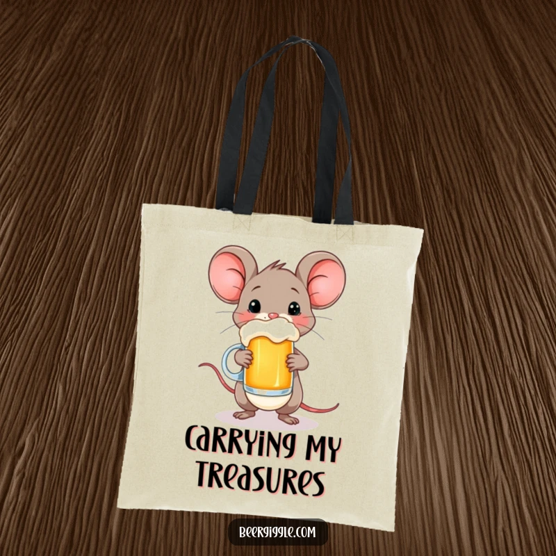 Funny tote bag design featuring a happy mouse balancing a small beer mug, perfect for carrying essentials with cheer.