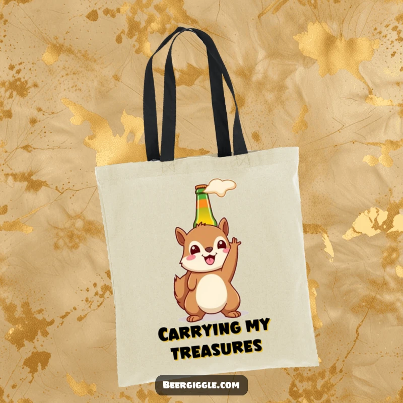 Funny kawaii squirrel beer tote bag with a happy grin, holding a beer bottle aloft for fun.