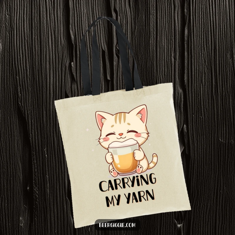 Funny cat tote bag with a smiling character enjoying a foamy brew with eyes closed, for shopping.