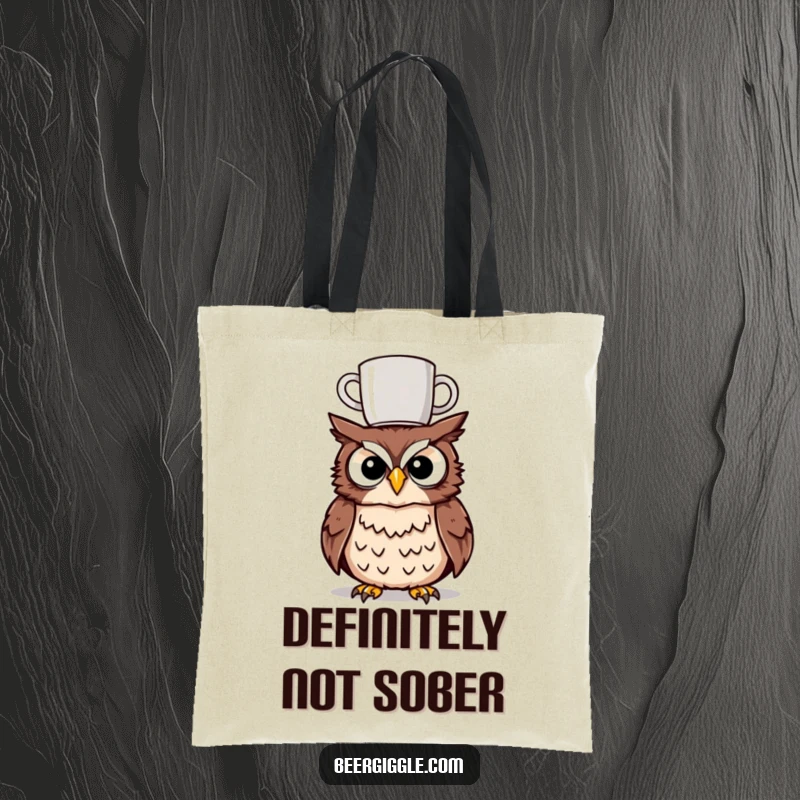 Funny tipsy owl tote bag, a charmingly unbalanced character with a mug on its head, ideal for shopping and errands.