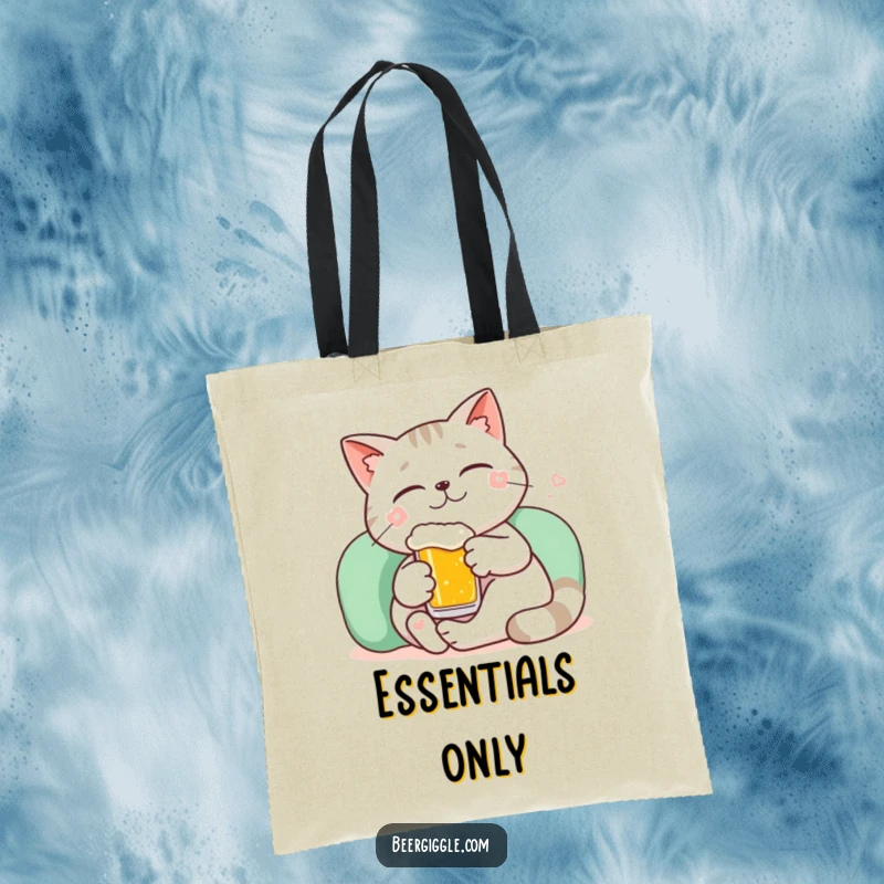 Funny kawaii cat lounging with a tiny beer and a smile on a durable tote bag.
