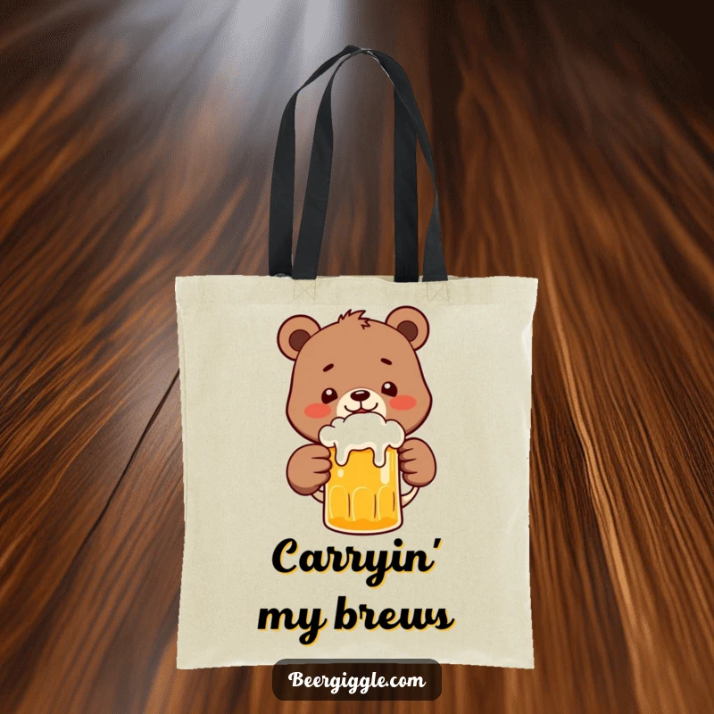 Funny Bear Tote Bag: A happy bear character celebrating with a frothy beer mug, perfect for shopping and gifts.