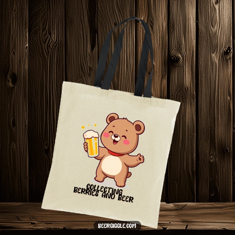 Funny bear tote bag with a cute character doing a happy dance while holding a beer, for shopping.