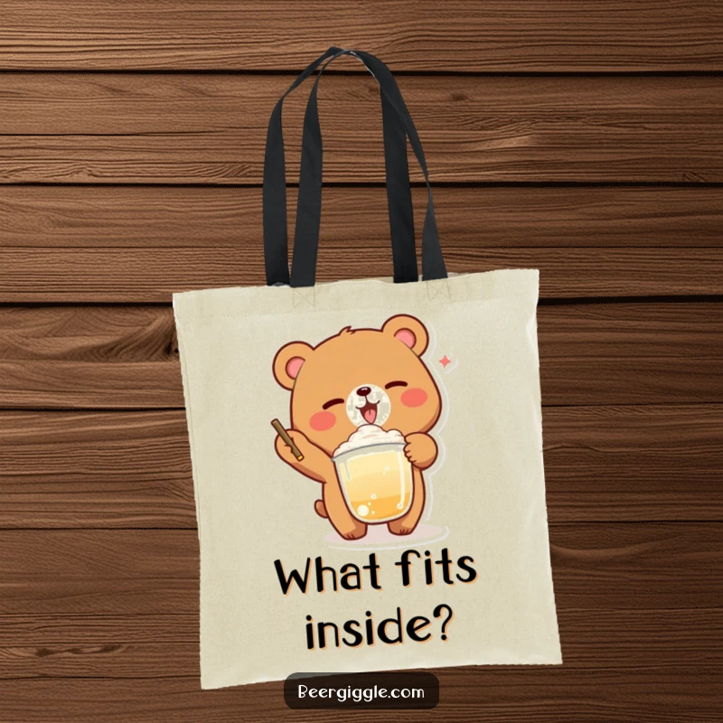 Funny Bear Winking Tote Bag: A delighted bear winks while balancing a foamy beverage, perfect for humorous outings.