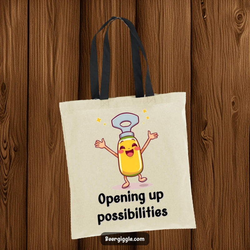 Funny bottle opener tote bag, happy, performing a celebratory jig, reusable bag, shopping accessory, humorous design.