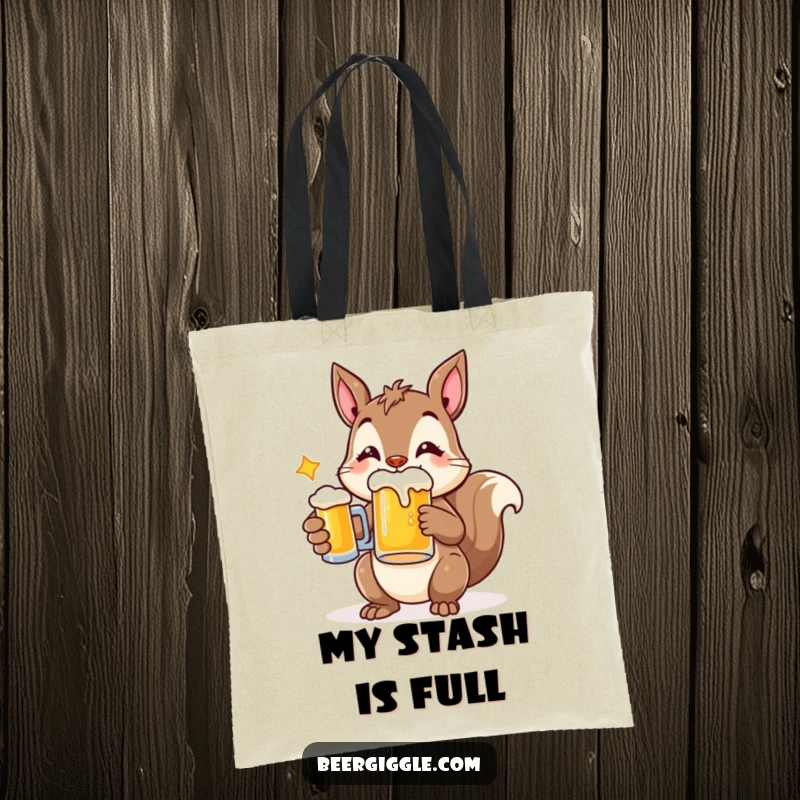 Funny tote bag design featuring a cheerful squirrel character holding a beer mug, great for carrying essentials with glee.