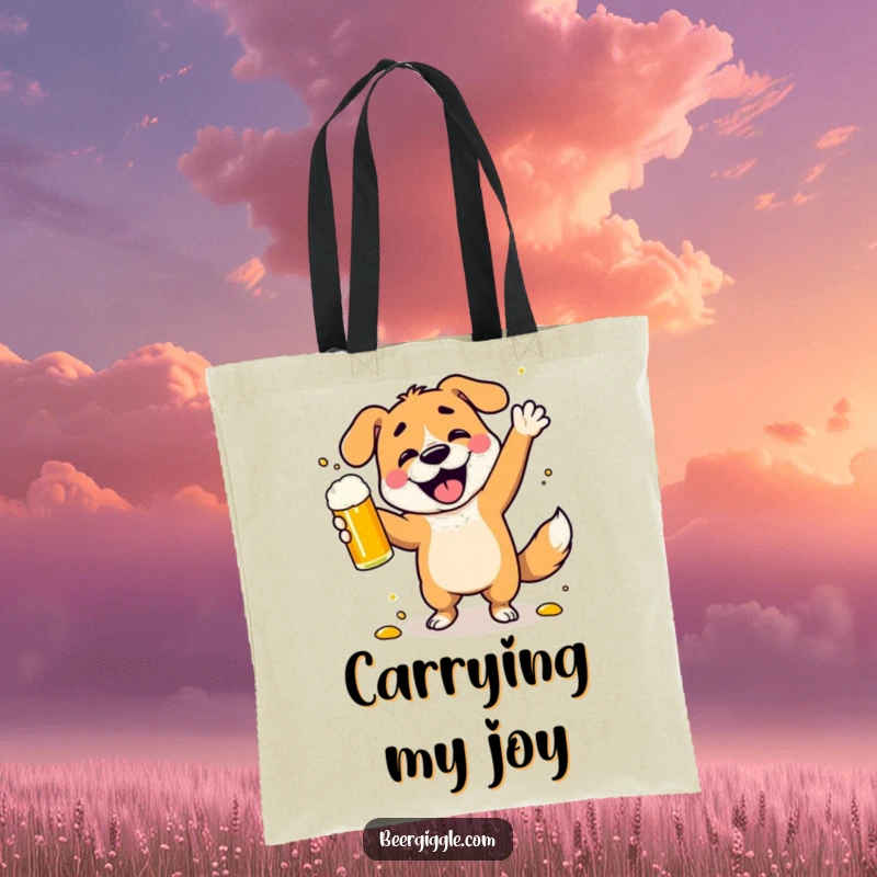 Funny dancing dog tote bag, a character spilling beer while celebrating, functional and humorous for everyday use.