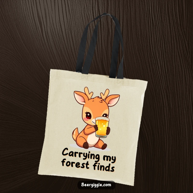 Funny Tote Bag with a charming deer holding a beer glass, ideal for carrying groceries with a touch of woodland elegance.