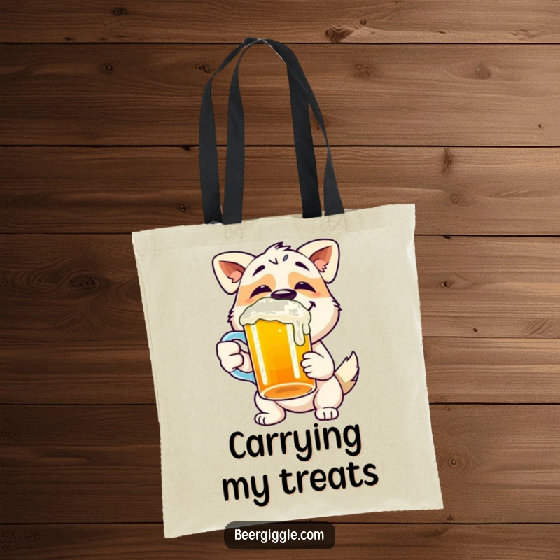 Funny dog tote bag with a happy character gleefully chugging from a beer mug, perfect for shopping.