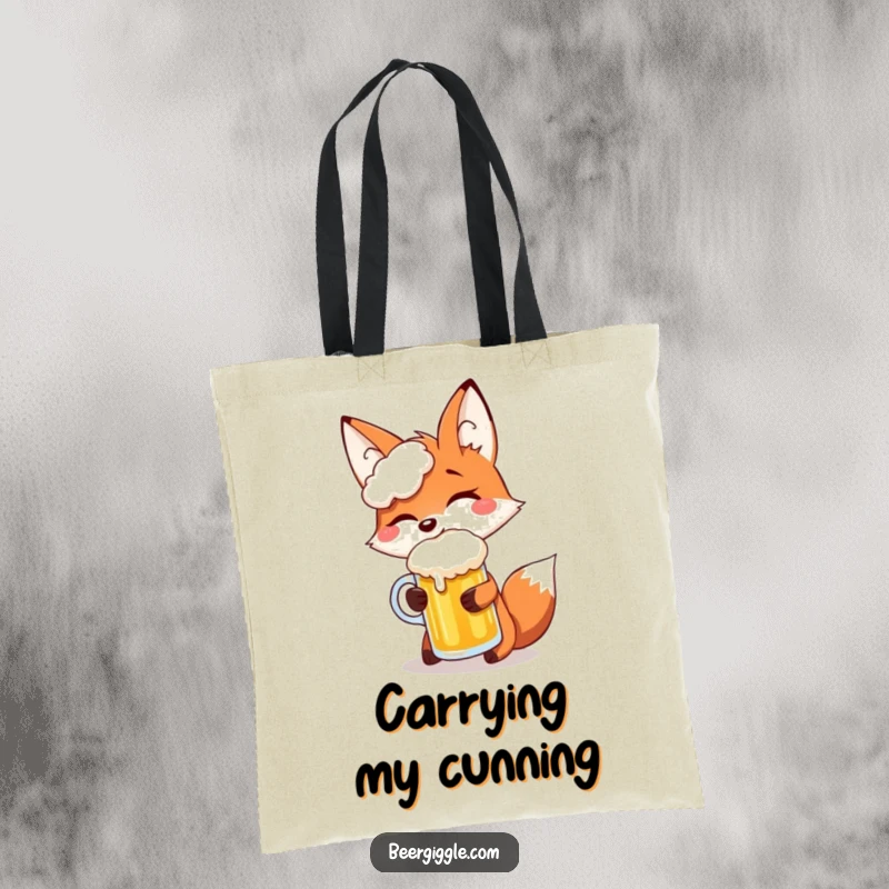 Funny fox giggling while balancing a beer mug on its snout, depicted on a tote bag for a humorous, fun vibe.