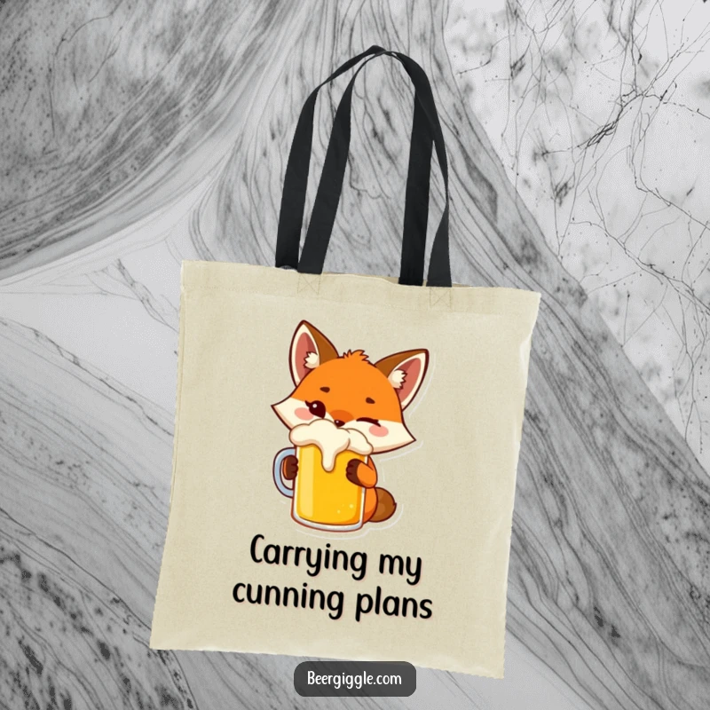 Funny fox tote bag with a playful character winking while toasting a beer mug, for shopping.