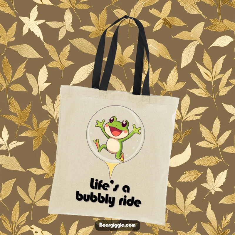 Funny Frog Tote Bag: A joyful frog character jumping gleefully into a large, sparkling beer bubble.