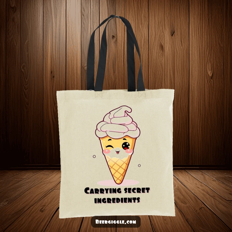 Funny tote bag showcasing a mischievous hop cone winking from a beer, great for shopping and beer events.