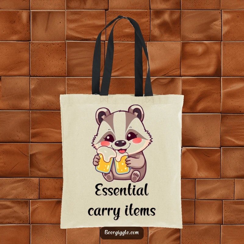 Funny kawaii badger tote bag with a contented smile, holding a beer, practical and humorous for daily use.