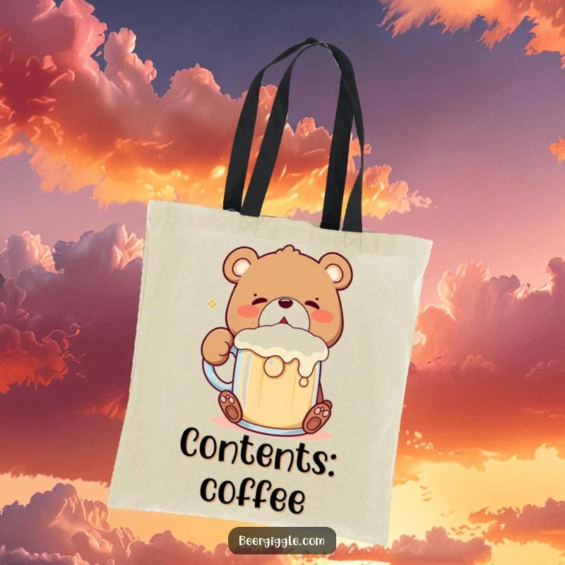 Funny Kawaii Bear Tote Bag: Cute bear character gulps a frothing mug, ideal for carrying items with a humorous touch.