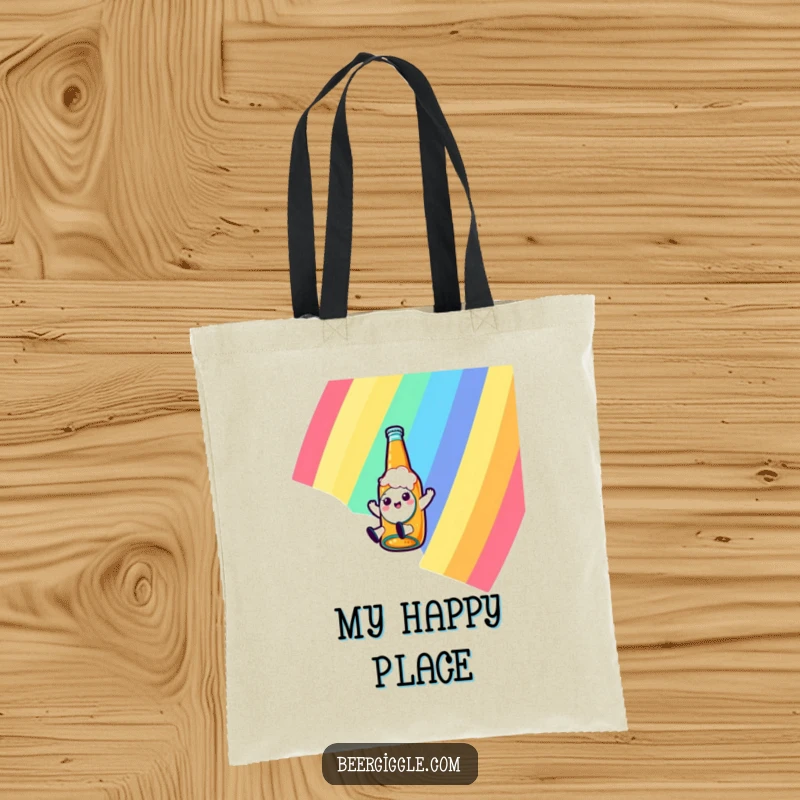 Funny kawaii beer bottle character sliding down a rainbow on a durable tote bag, perfect for carrying items with a dose of fun.