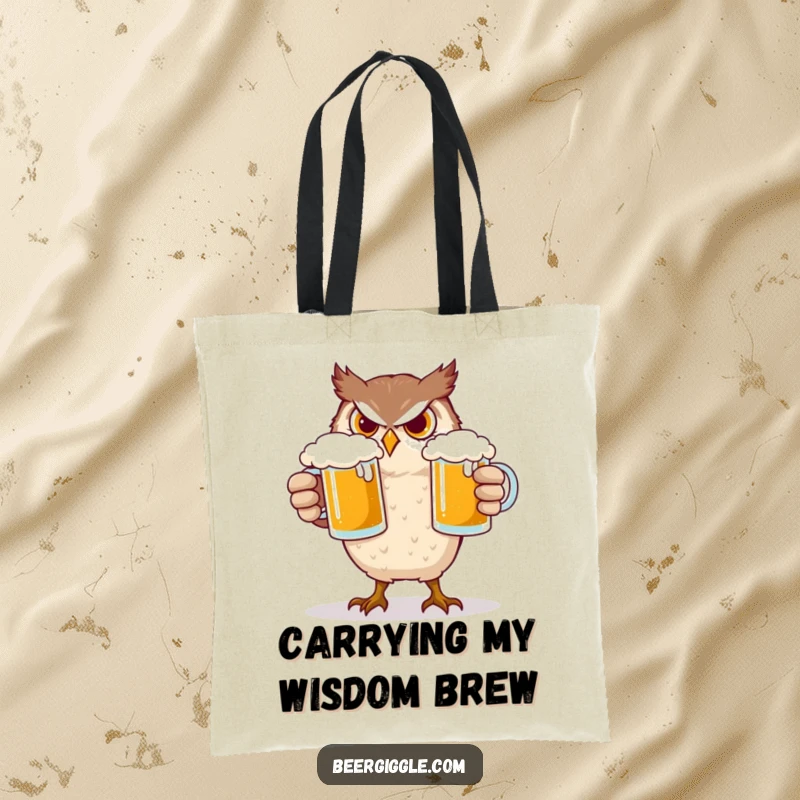 Funny Owl Tote Bag: A determined owl character struggling to keep two beer mugs balanced, a humorous sight.
