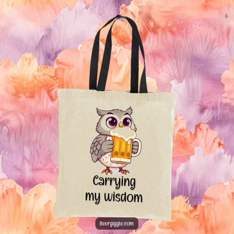 Funny owl with wide, joyful eyes holding a beer stein, depicted on a tote bag for a humorous, chic look.