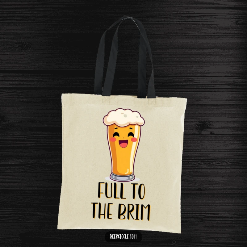 Funny pint glass tote bag, delighted, overflowing with frothy beer, reusable bag, shopping accessory, humorous design.