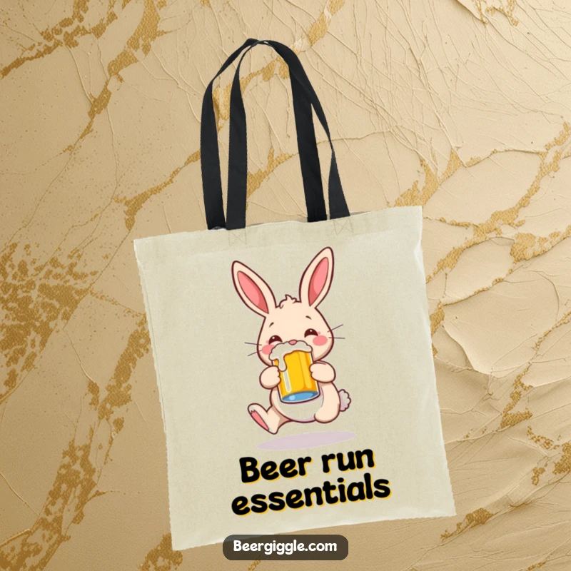 Funny rabbit character joyfully hopping with a beer mug, durable tote bag, ideal for shopping and everyday use.