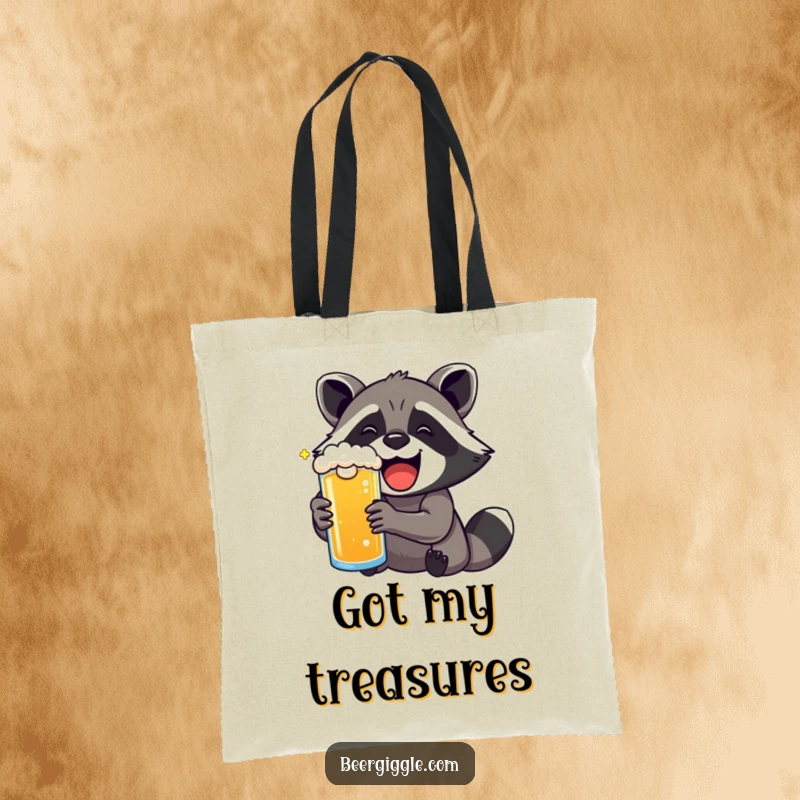Funny kawaii raccoon with exaggerated delight drinking a beer on a durable tote bag.