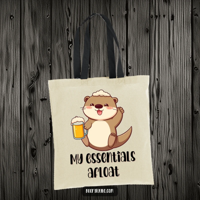 Funny Tote Bag featuring a cheerful otter floating with a beer mug, perfect for carrying everyday items with a smile.